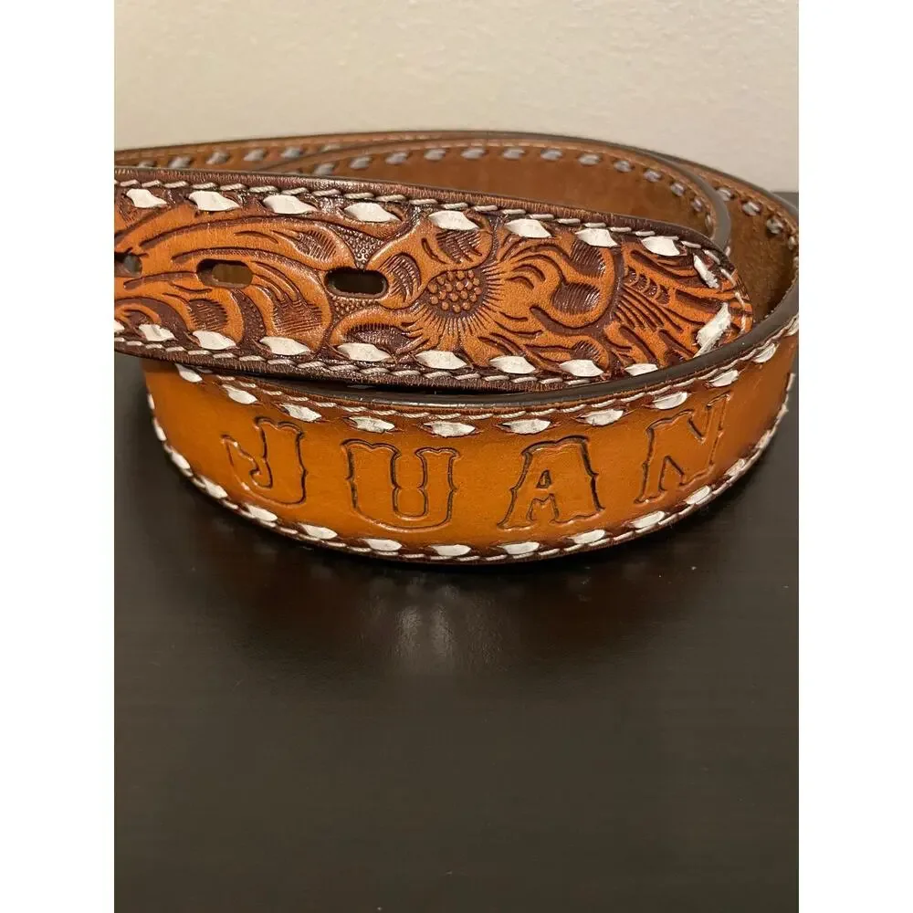 Western Belt Mens 44 Brown Leather Tooled Floral Name Juan No Buckle Cowboy READ